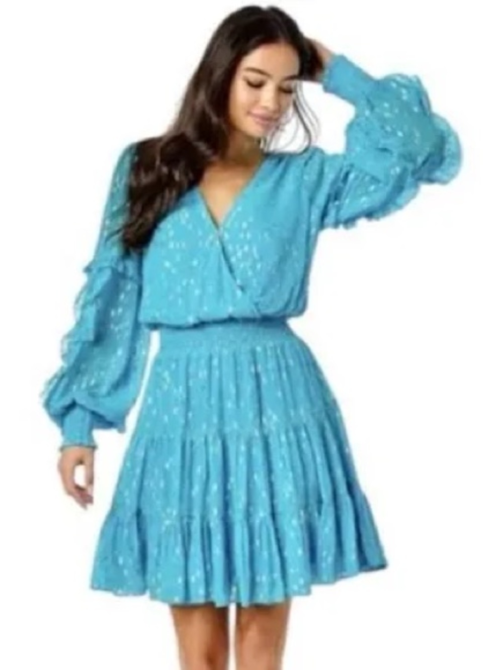Lilly Pulitzer Heline Turquoise Blue Metallic Long-Sleeve V-Neck Tiered Dress